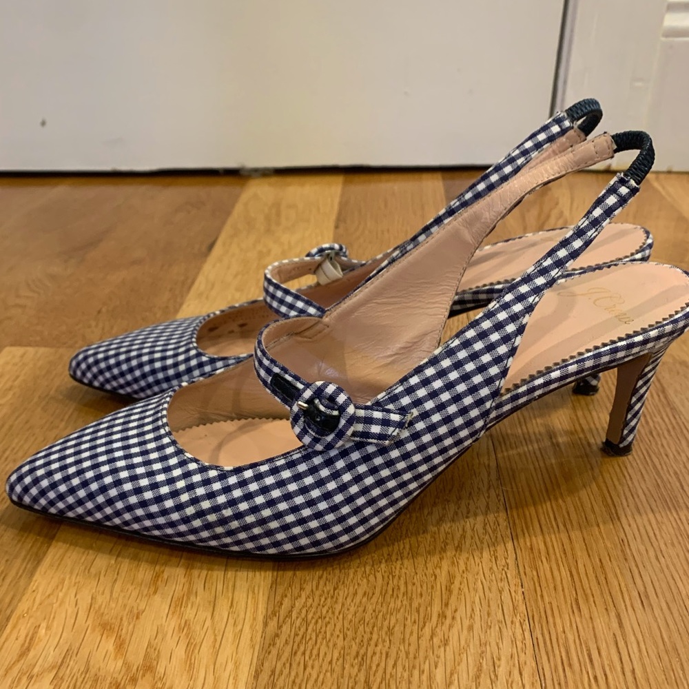 J. Crew Blue and White Gingham Heels